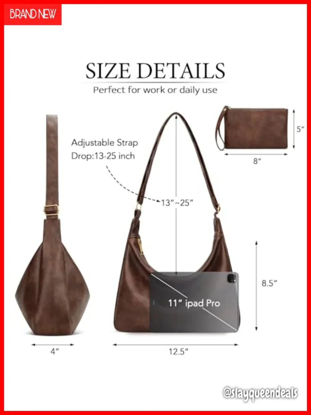 Slouchy Hobo Bag Shoulder Purse Vegan Leather Adjustable Strap Roomy Pockets